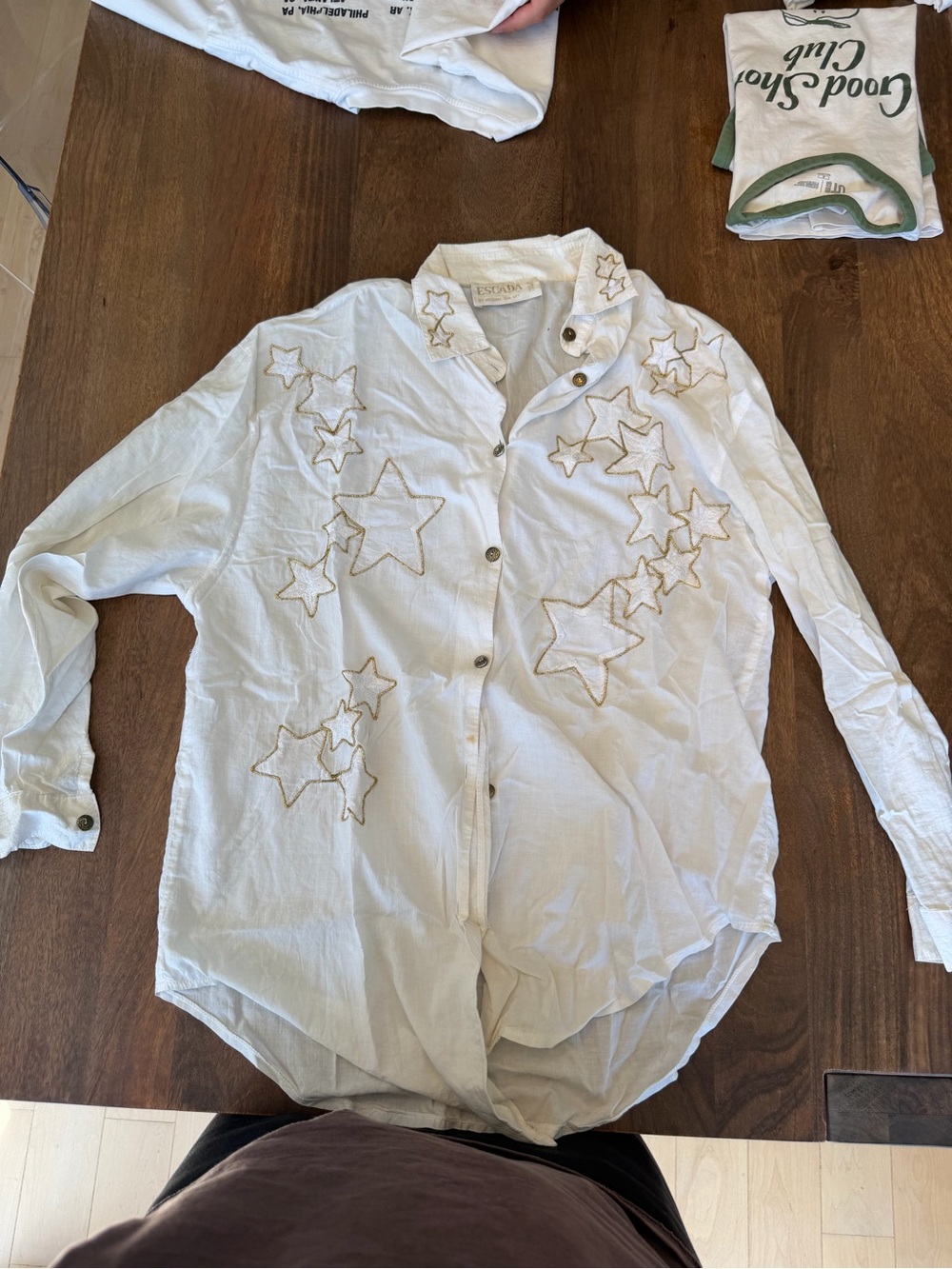 Escada White Button-Down Shirt with Star Embroidery